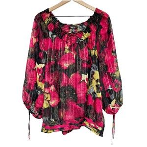 Style & Co. Womens Dark Floral Peasant Blouse Plus Size 18 Cinched Long Sleeve